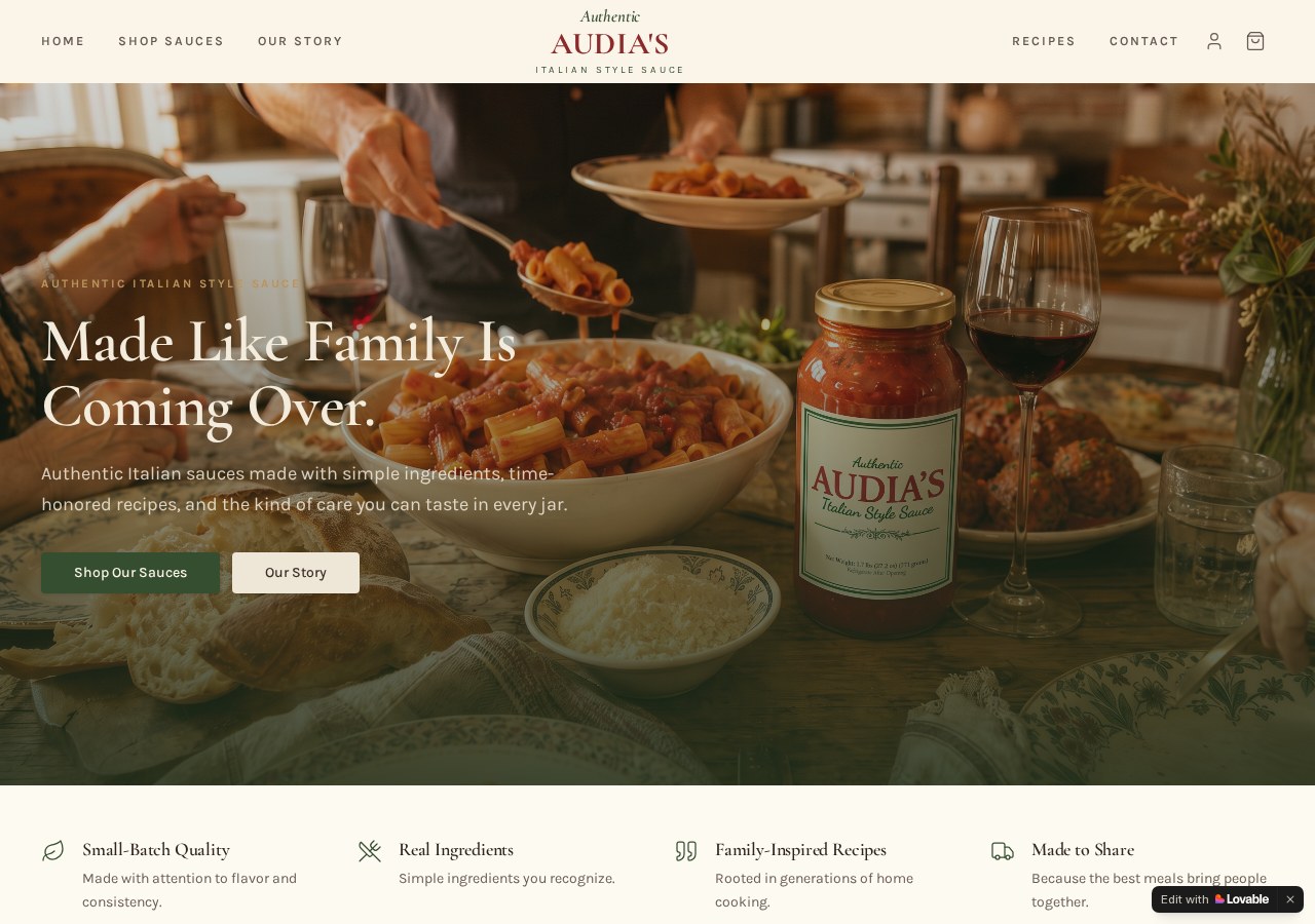 Audia's Italian Style Sauce website homepage
