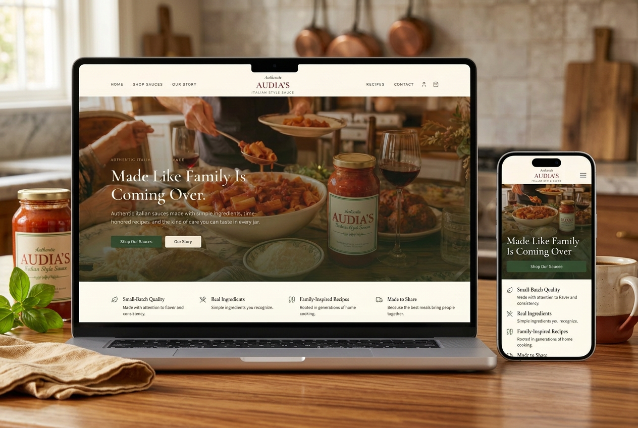 Homepage of Audia's Italian Style Sauce, a custom website built by MSC Digital Services